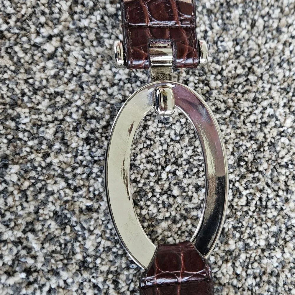 Perry Ellis Dark Brown Croc-Embossed Leather Belt with Silver O-Ring